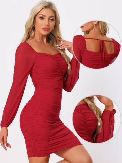 Bodycon Long Puff Sleeve Mini Mesh Ruched Solid Lace Up Party Dress