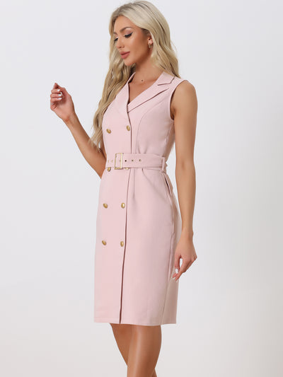 Sleeveless Notched Lapel Double Breasted Belted Office Blazer Dress