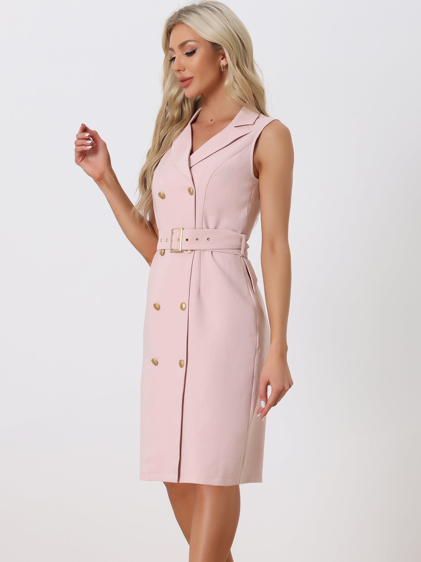 Allegra K Sleeveless Notched Lapel Double Breasted Belted Office Blazer Dress