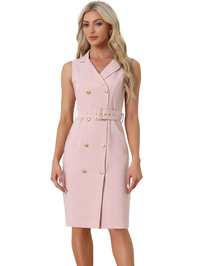 Sleeveless Notched Lapel Double Breasted Belted Office Blazer Dress