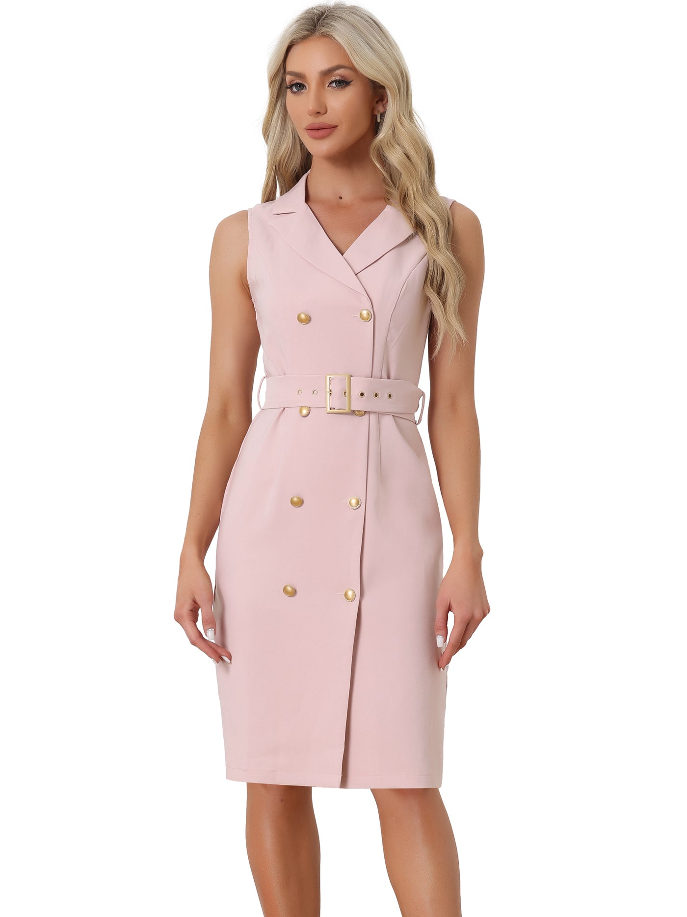 Allegra K Sleeveless Notched Lapel Double Breasted Belted Office Blazer Dress