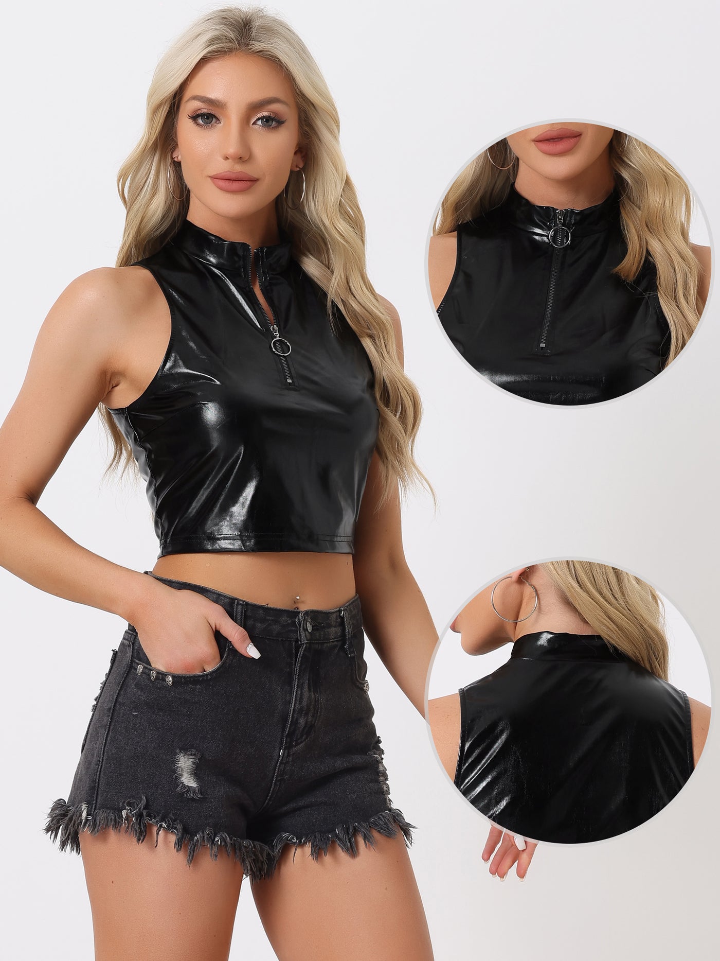 Allegra K Metallic Crop Tops Mock Neck Zip Up Shiny Holographic Tank Top