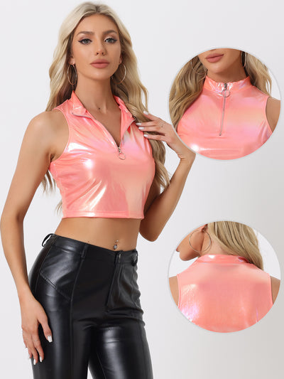 Metallic Crop Tops Mock Neck Zip Up Shiny Holographic Tank Top