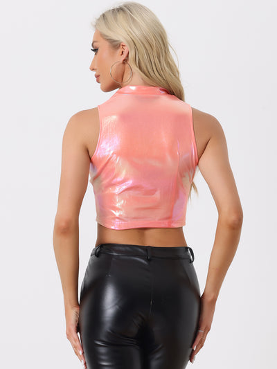 Metallic Crop Tops Mock Neck Zip Up Shiny Holographic Tank Top