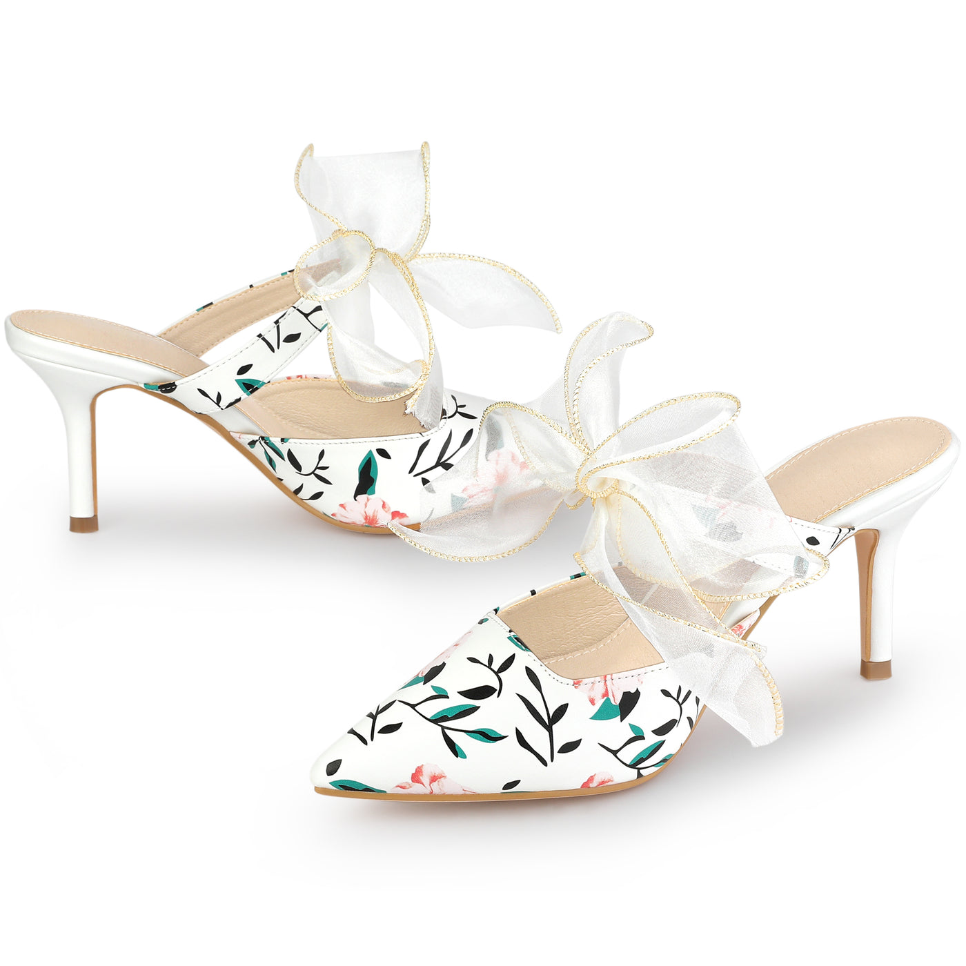 Allegra K Women's Pointed Toe Lace Bow Floral Printed Stiletto Heels Mules