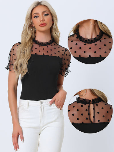 Polka Dots Mesh Sheer Short Sleeve Skinny Blouse Bodysuit Top