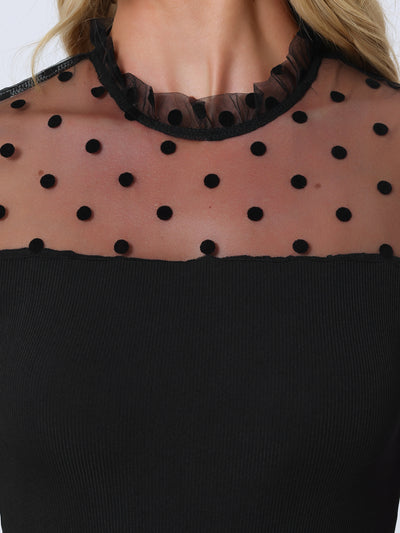 Polka Dots Mesh Sheer Short Sleeve Skinny Blouse Bodysuit Top