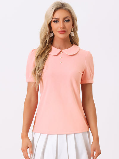 Peter Pan Collar Contrast Trim Puff Short Sleeve Summer Blouse Top