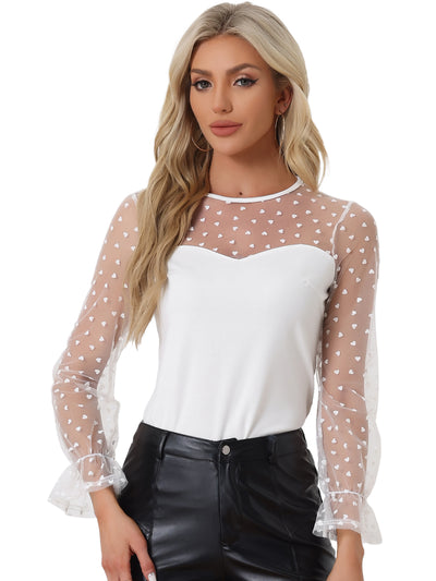 Lace Round Neck Heart Dots Sheer Blouse Long Mesh Sleeve Top