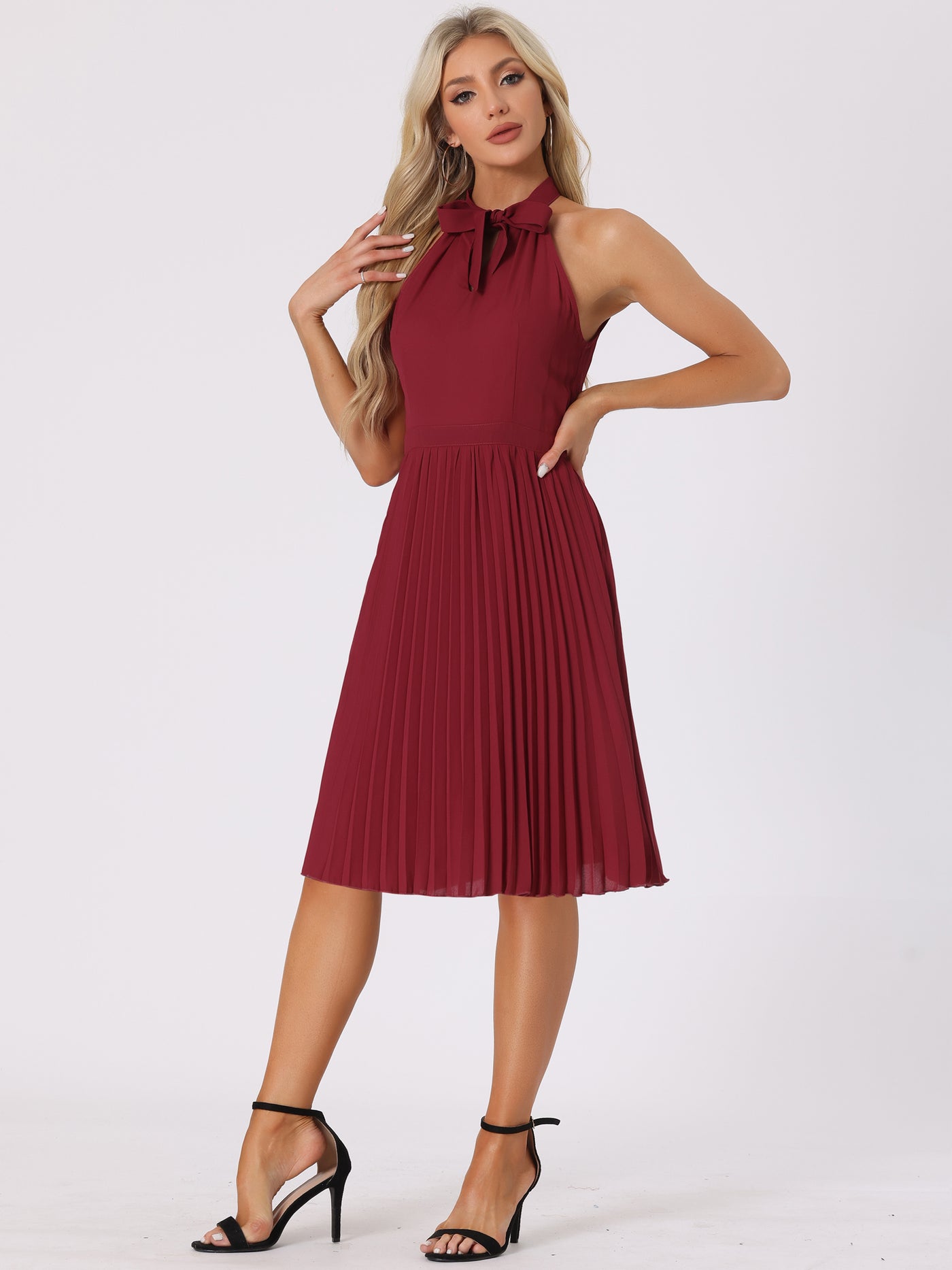 Allegra K Pleated Summer Tie Halter Neck Sleeveless Party Cocktail Dress