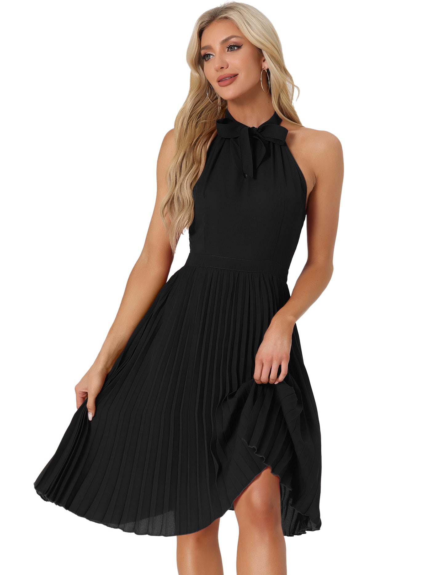 Allegra K Pleated Summer Tie Halter Neck Sleeveless Party Cocktail Dress