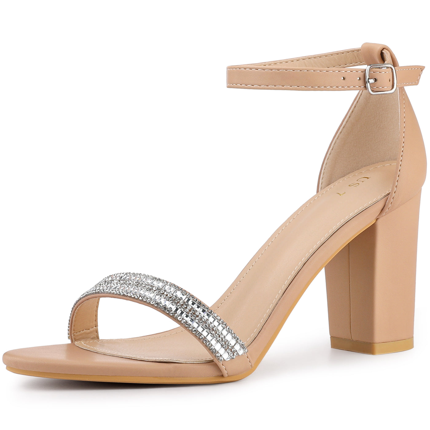 Allegra K Rhinestone Ankle Strap Chunky Heel Sandals