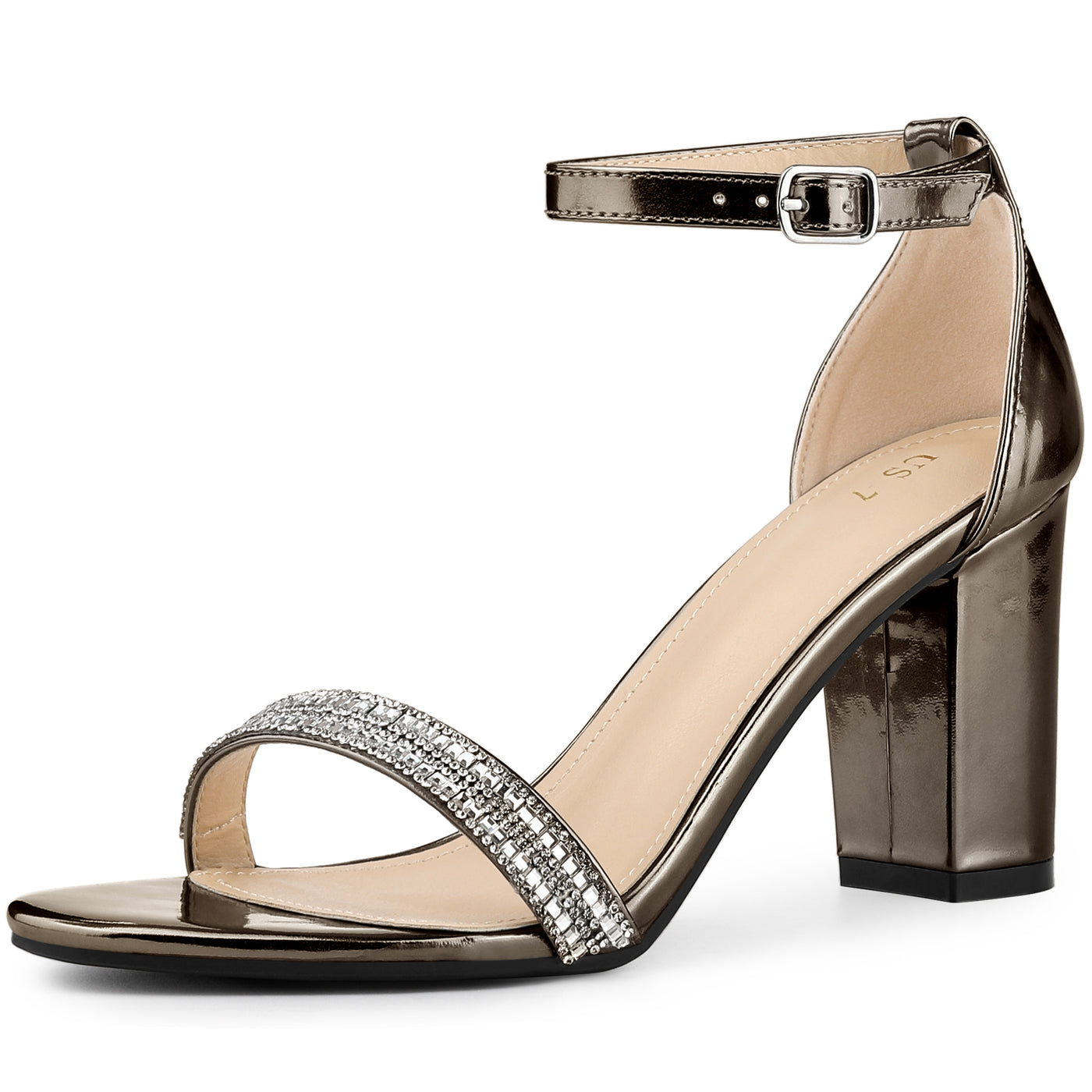 Allegra K Rhinestone Ankle Strap Chunky Heel Sandals