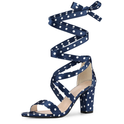 Elegant Polka Dot Strappy Lace Up Chunky Heel Sandals