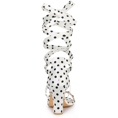 Elegant Polka Dot Strappy Lace Up Chunky Heel Sandals