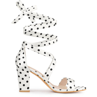 Elegant Polka Dot Strappy Lace Up Chunky Heel Sandals