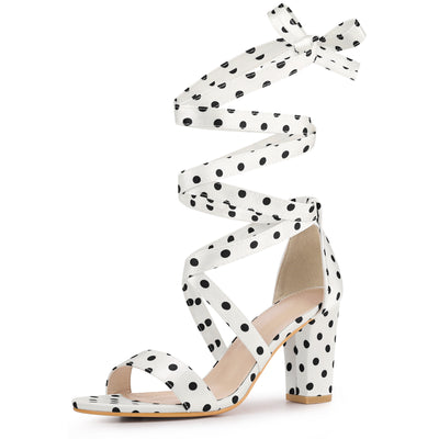 Elegant Polka Dot Strappy Lace Up Chunky Heel Sandals