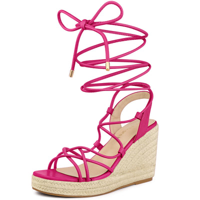 Women's Lace Up Platform Square Heel Espadrilles Wedge Sandals