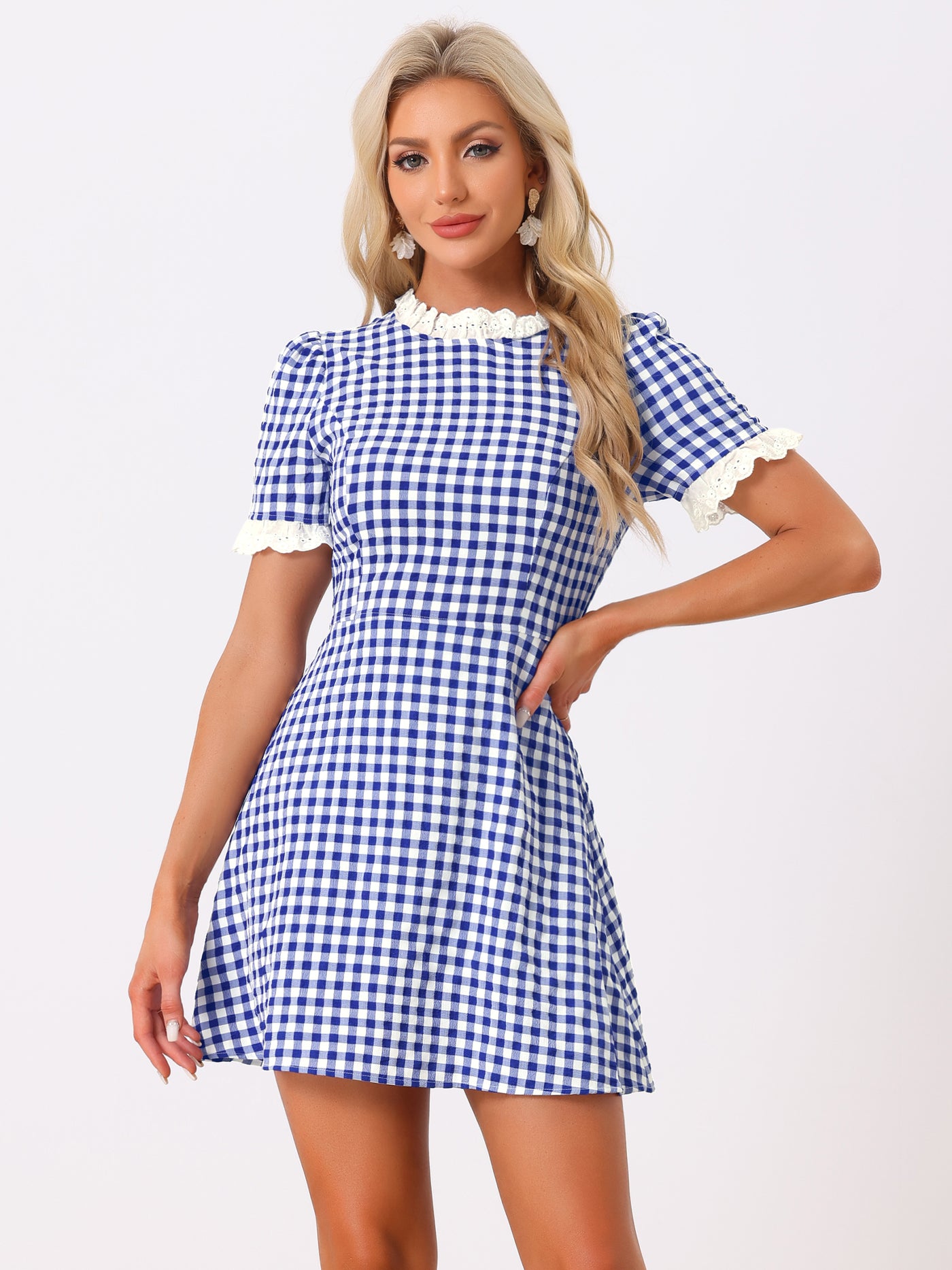 Allegra K Summer Ruffle Neck Lace Panel Short Sleeve Check Gingham Dress