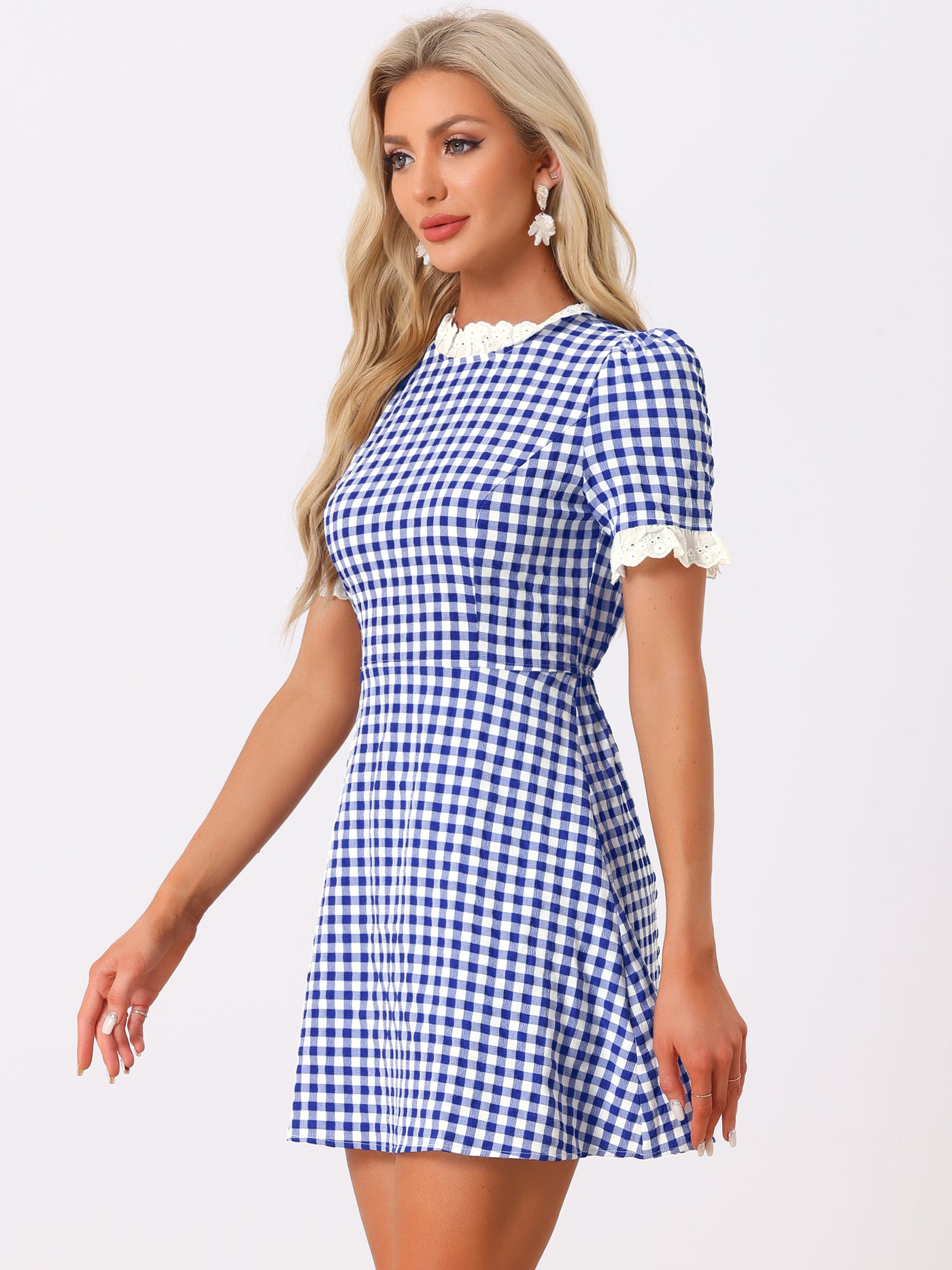 Allegra K Summer Ruffle Neck Lace Panel Short Sleeve Check Gingham Dress