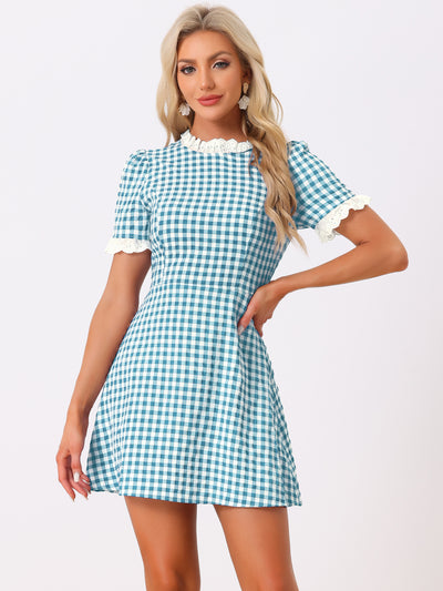 Summer Ruffle Neck Lace Panel Short Sleeve Check Gingham Dress