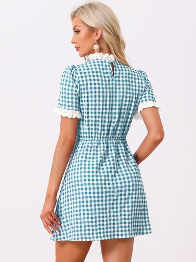 Summer Ruffle Neck Lace Panel Short Sleeve Check Gingham Dress