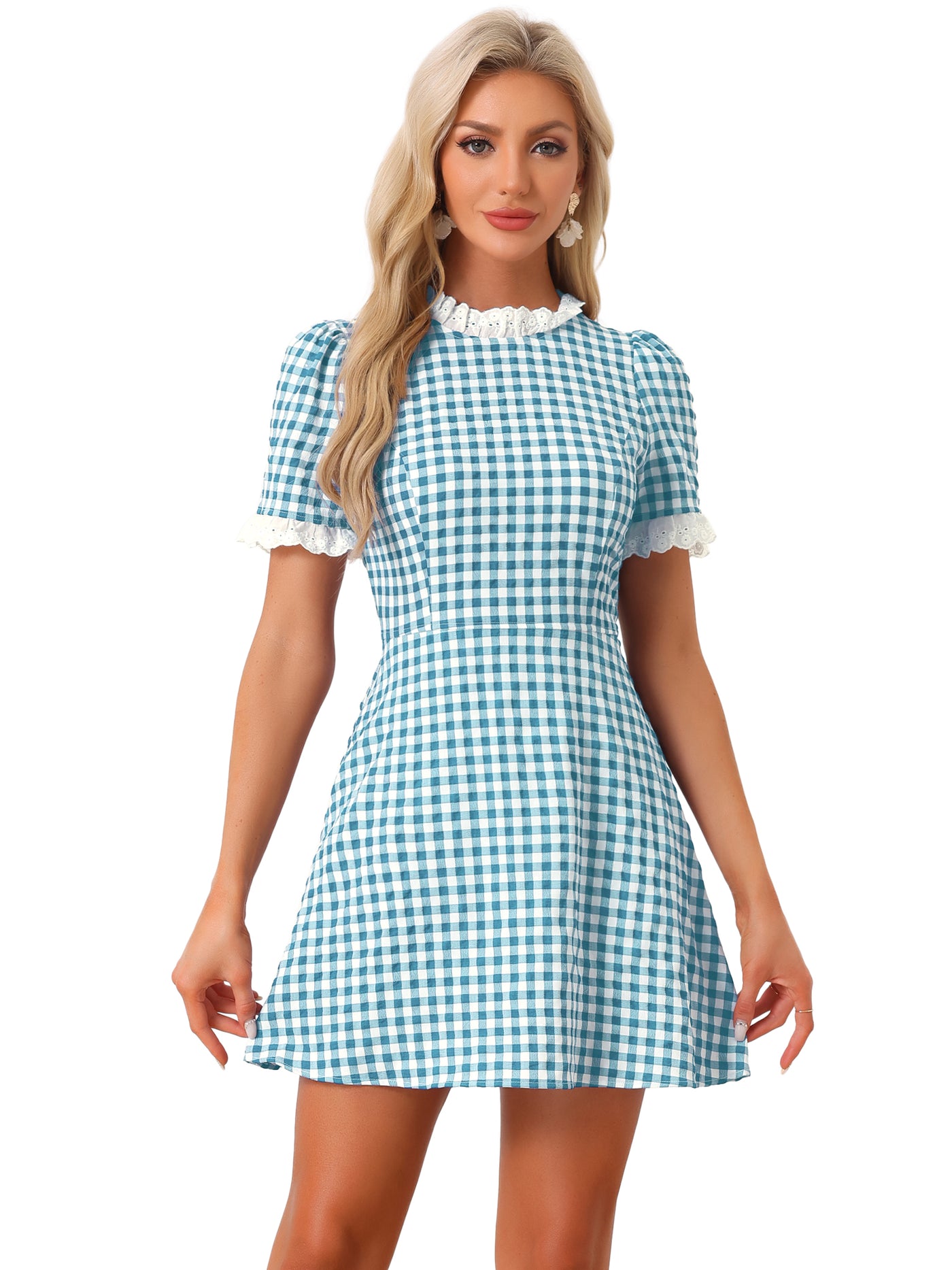 Allegra K Summer Ruffle Neck Lace Panel Short Sleeve Check Gingham Dress