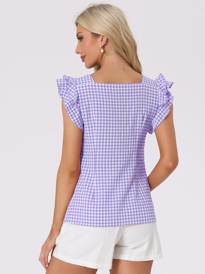 Summer Gingham Tops Square Neck Ruffle Cap Sleeve Blouse