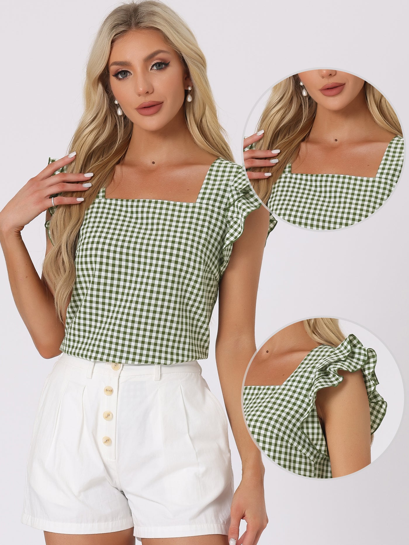 Allegra K Summer Gingham Tops Square Neck Ruffle Cap Sleeve Blouse