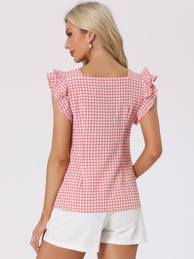 Summer Gingham Tops Square Neck Ruffle Cap Sleeve Blouse