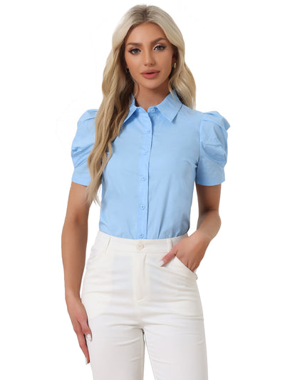 Puff Short Sleeve Turn Down Collared Office Button Down Shirt