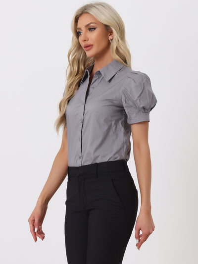 Puff Short Sleeve Turn Down Collared Office Button Down Shirt