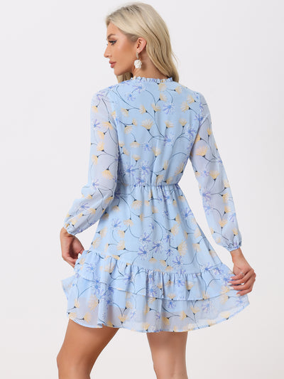 Floral V Neck Semi Sheer Long Sleeve Layered Tiered Chiffon Mini Dress