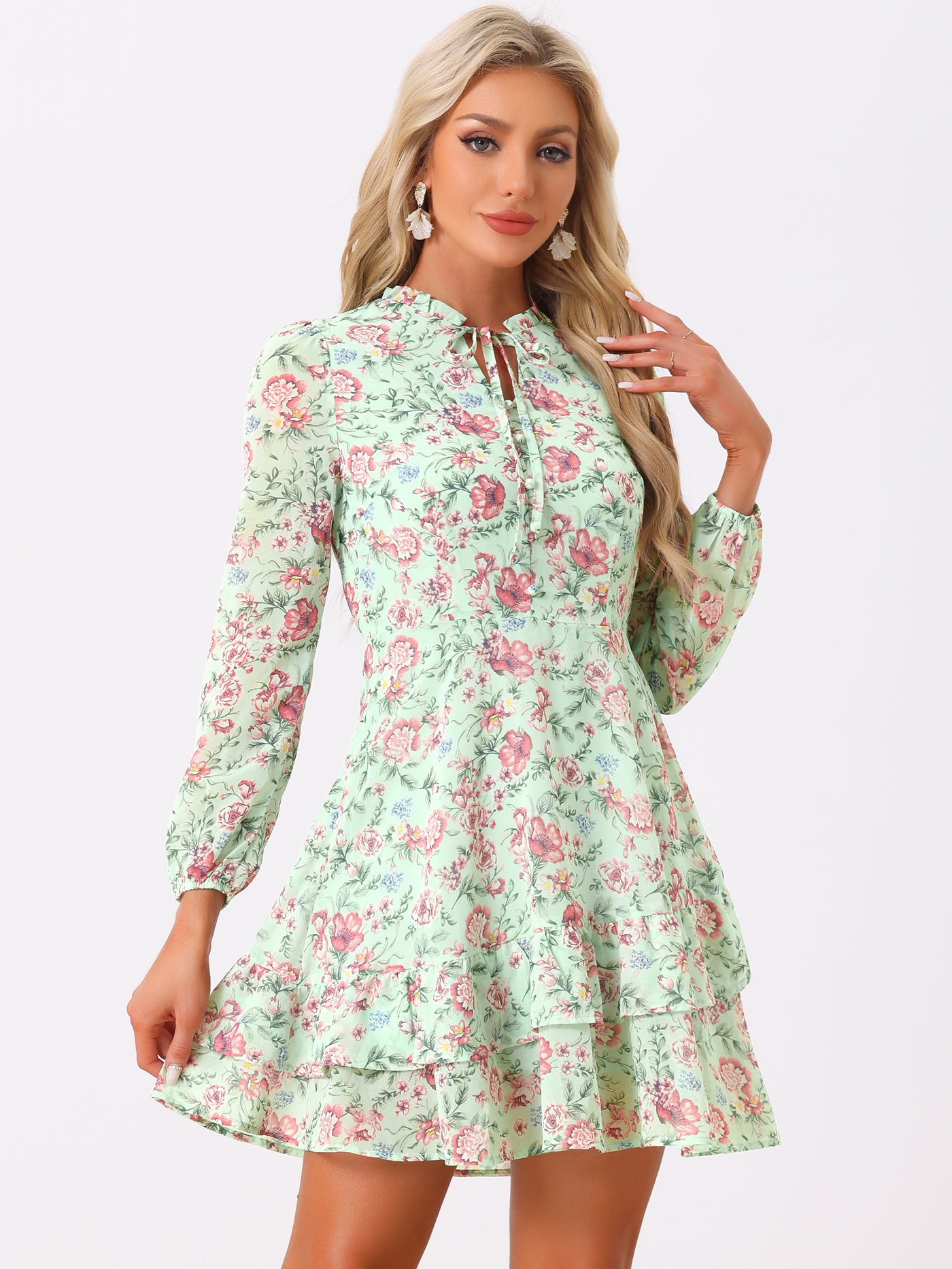 Allegra K Floral V Neck Semi Sheer Long Sleeve Layered Tiered Chiffon Mini Dress