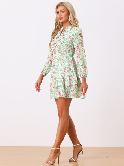 Floral V Neck Semi Sheer Long Sleeve Layered Tiered Chiffon Mini Dress