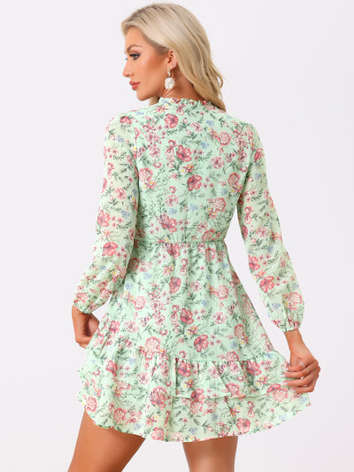 Floral V Neck Semi Sheer Long Sleeve Layered Tiered Chiffon Mini Dress