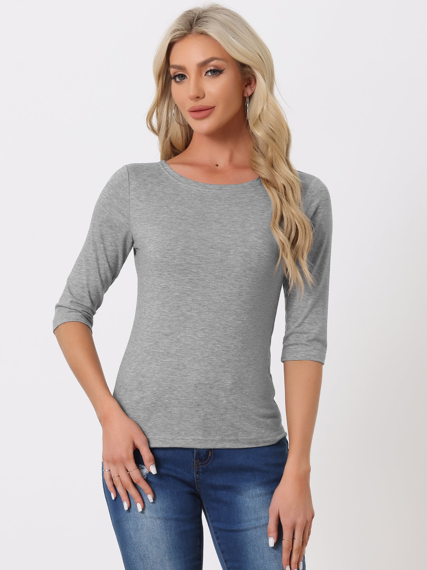 Allegra K Casual Boat Neck Elbow Sleeve Solid Basic T-shirt