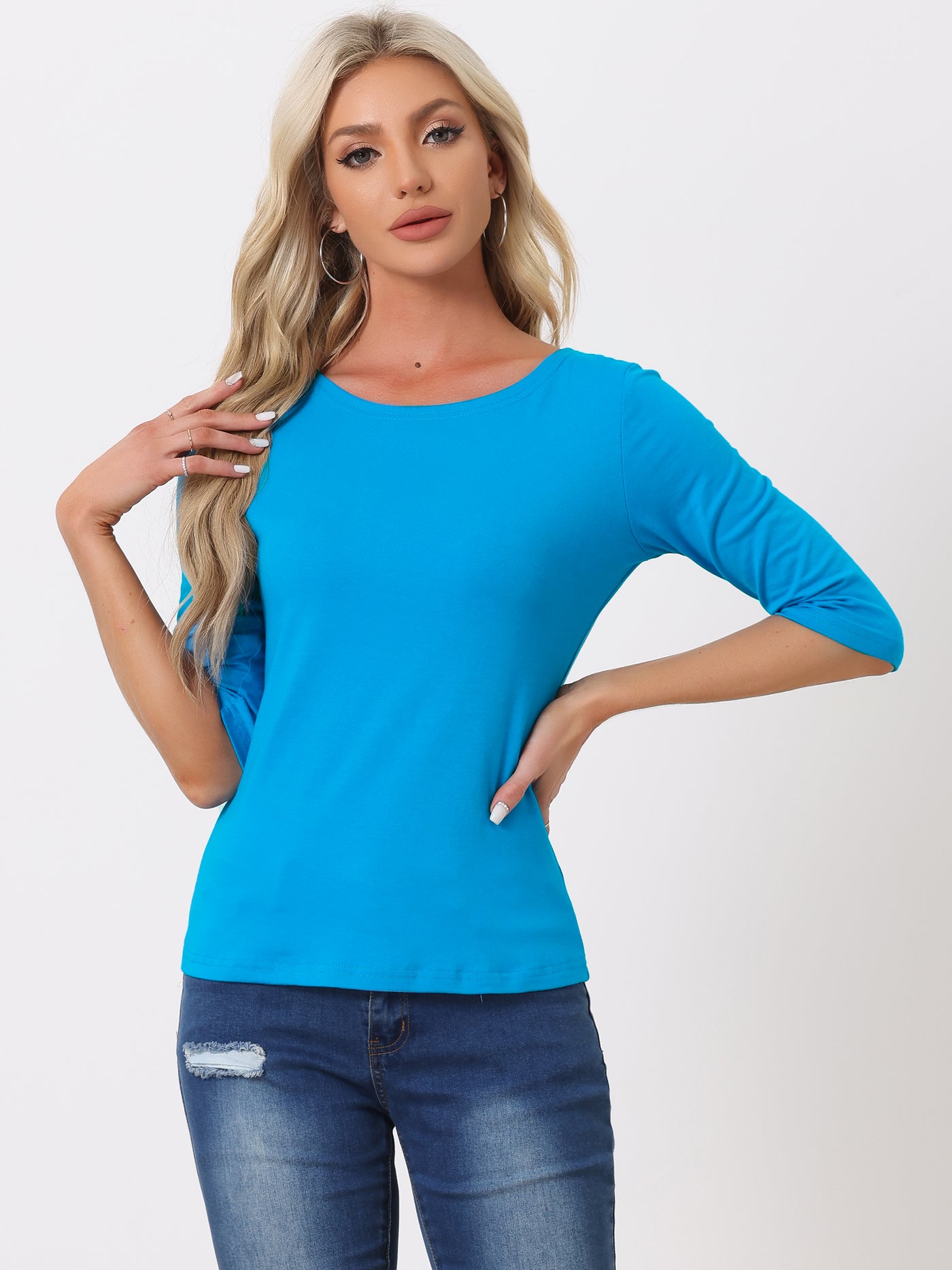 Allegra K Casual Basic Boat Neck Elbow Sleeve Solid T-shirt
