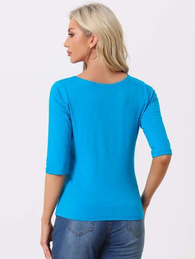 Casual Basic Boat Neck Elbow Sleeve Solid T-shirt
