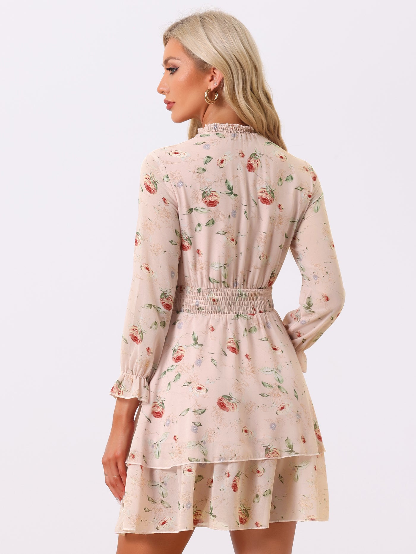 Allegra K Floral Chiffon Long Sleeve Mock Neck Ruffle Layered Mini Dress