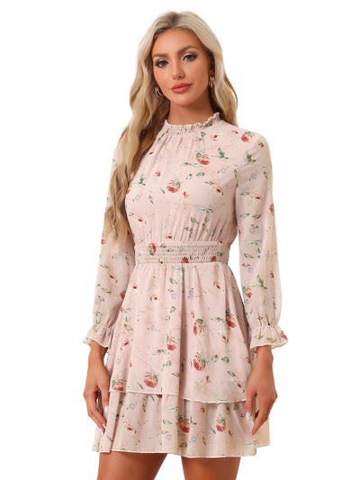 Floral Chiffon Long Sleeve Mock Neck Ruffle Layered Mini Dress