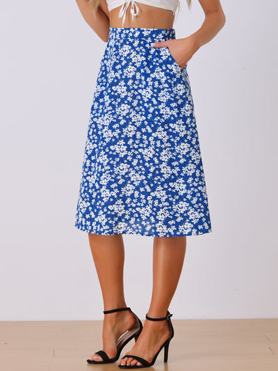 A-Line Floral Print Pocketed Chiffon Vintage Midi Skirt