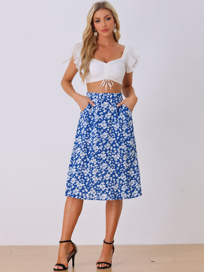 A-Line Floral Print Pocketed Chiffon Vintage Midi Skirt