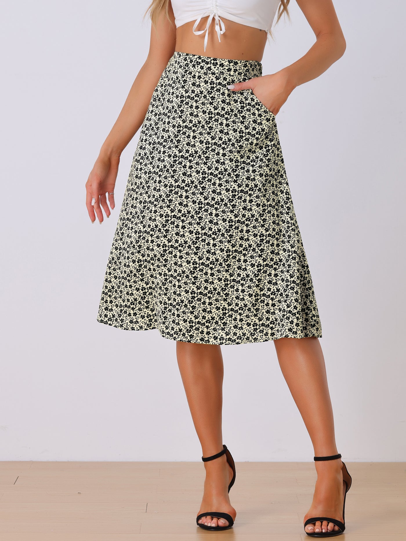 Allegra K A-Line Floral Print Pocketed Chiffon Vintage Midi Skirt