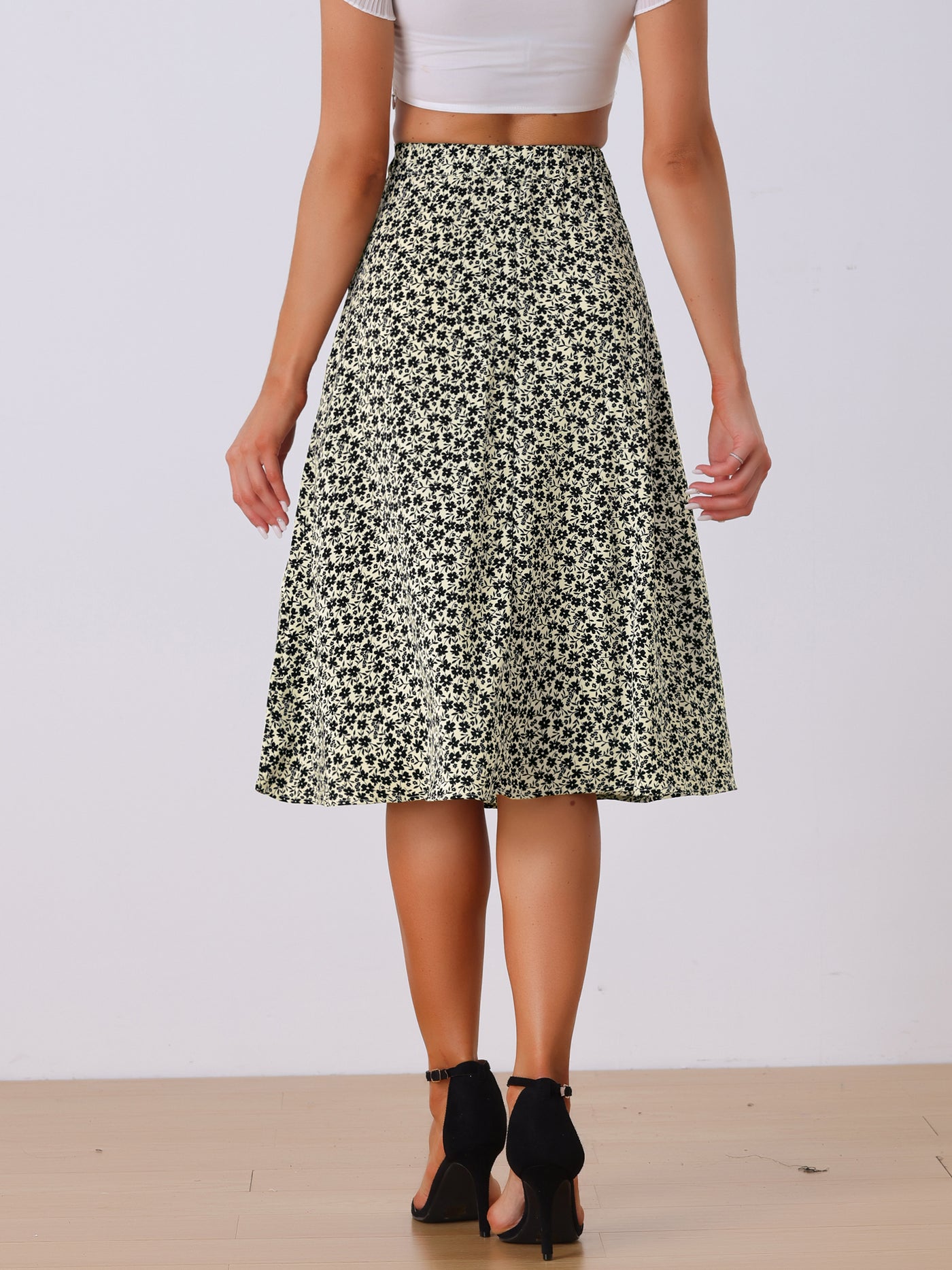 Allegra K A-Line Floral Print Pocketed Chiffon Vintage Midi Skirt