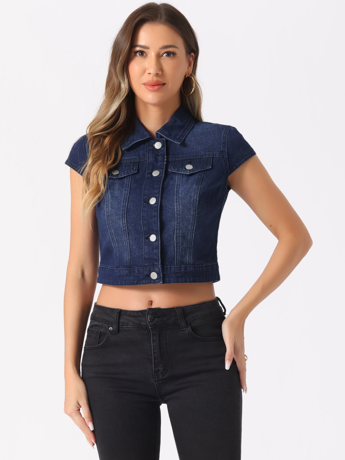 Allegra K Summer Button Down Cap Short Sleeve Cropped Jean Denim Jacket