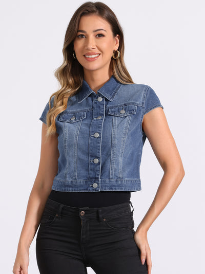 Summer Button Down Cap Short Sleeve Cropped Jean Denim Jacket