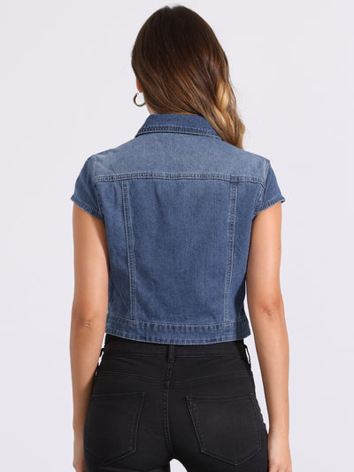 Summer Button Down Cap Short Sleeve Cropped Jean Denim Jacket