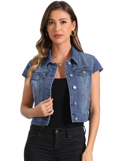 Summer Button Down Cap Short Sleeve Cropped Jean Denim Jacket