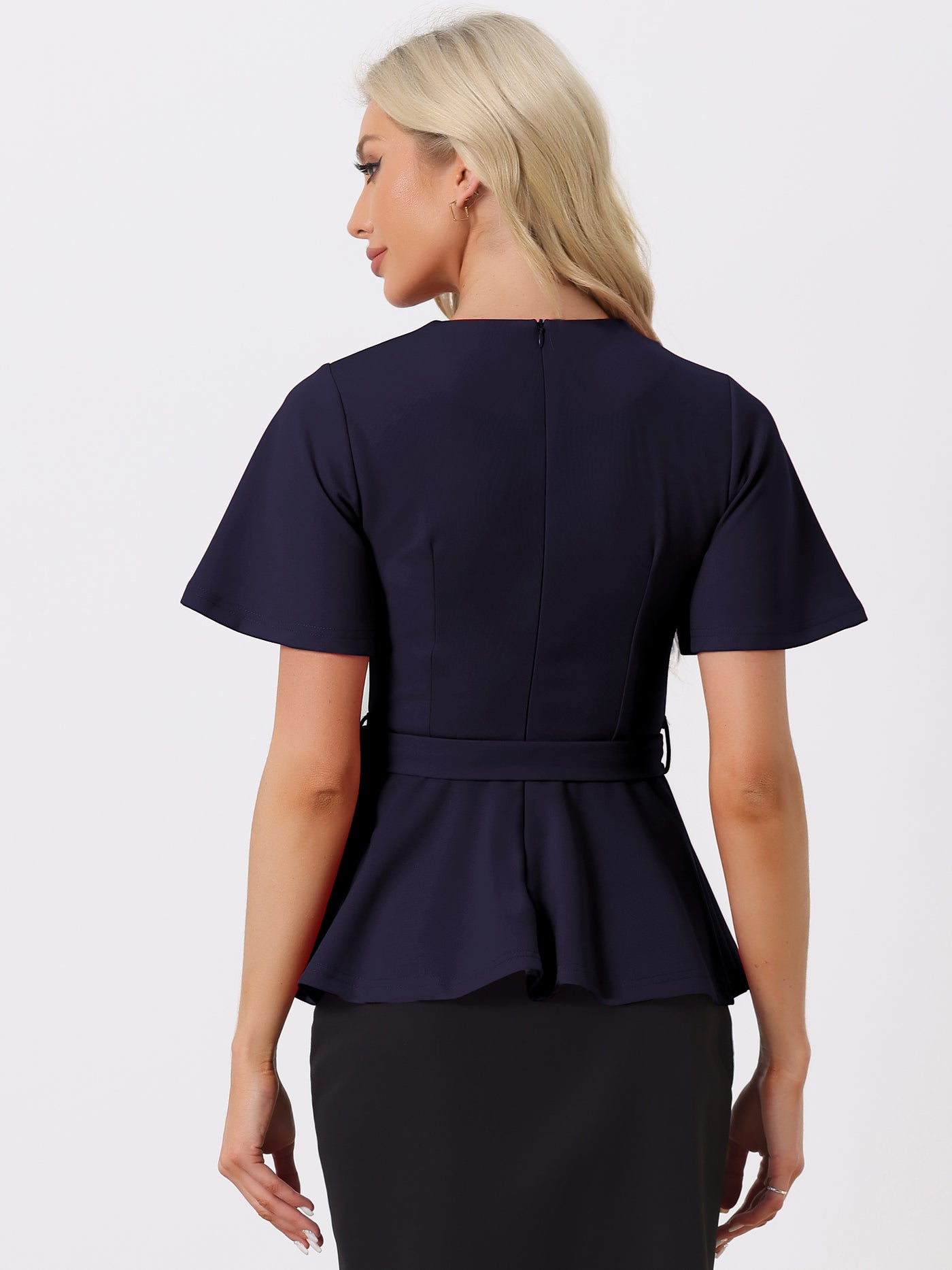 Allegra K Peplum Round Neck Bell Sleeve Belted Waist Office Blouse